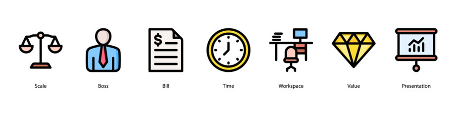 Business Leadership web banner icon vector illustration featuring Scale, Boss, Bill, Time, Workspace, Value, and Presentation to represent authority and organizational management.