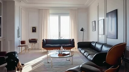 Bright living room with modern furniture, including leather couches and stylish armchairs - Powered by Adobe