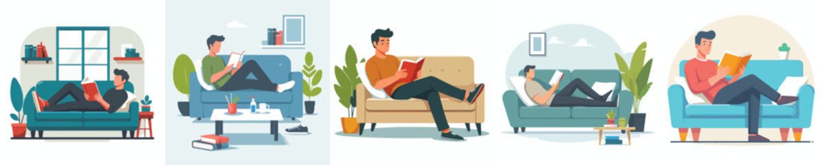 vector of a man lying on the sofa reading a book