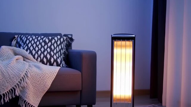 A cozy living room scene at twilight, featuring a dark gray sofa, a patterned throw blanket, and a warm-light heater