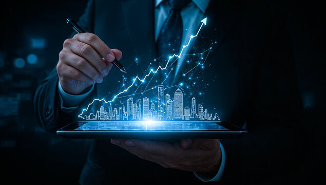 Futuristic digital art of a businessman with tablet projecting a holographic cityscape and rising stock market graph, symbolizing finance, growth, and data technology