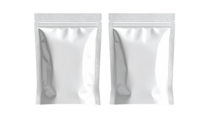 Two white, glossy, sealed pouches