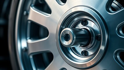 Industrial metal wheel design with polished steel surface, showcasing modern aesthetics.