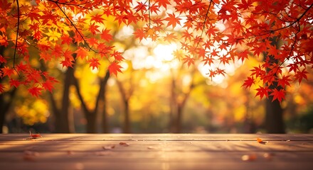 Vibrant Red Maple Leaves Frame a Sunlit Autumnal Park Scene with Wooden Surface