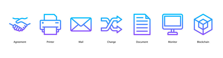 Digital Business Tools web banner icon vector illustration featuring Agreement, Printer, Mail, Change, Document, Monitor, and Blockchain for modern office operations.