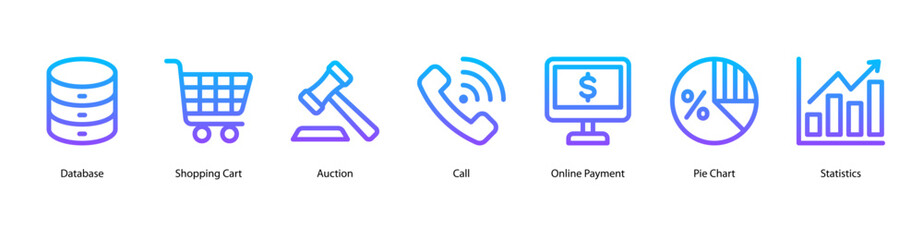 E Commerce Operations web banner icon vector illustration featuring Database, Shopping Cart, Auction, Call, Online Payment, Pie Chart, and Statistics for retail systems.