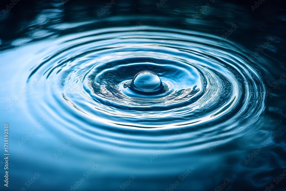 Aufkleber blue water drop impacting surface, creating perfect symmetrical ripples and concentric wave patterns