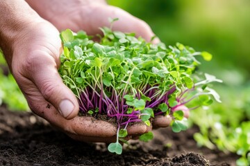 Fototapeta premium Nurturing growth: hands holding fresh microgreens in garden soil