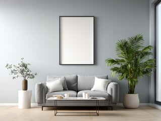 Cozy Living Room Interior Design with a Modern Touch: A modern and inviting living room features a gray couch and lush greenery, creating a serene atmosphere. The room has an empty picture frame.