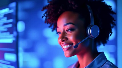 Smiling woman with headset engaged in customer service at a tech hub with digital screens in background - Powered by Adobe