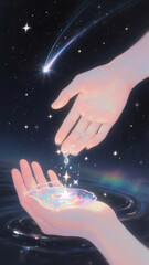 This is an artistic painting. The main subject of the picture is two hands holding up water. There are stars and colorful lights in the water. The colors of the hands are soft tones, and the light and