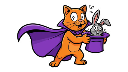 Magical Cat and Rabbit: An orange cat dressed as a magician with a cape, is conjuring a rabbit from a hat, an illustration perfect for storytelling, whimsy, and wonder.
