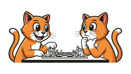 Cats' chess match: Two adorable cartoon cats engaged in an intellectual game of chess, illustrating strategy, competition, and mental acuity in a playful setting.