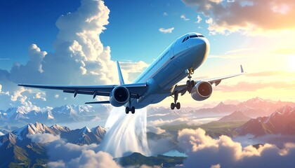 Obraz premium Airplane soaring above mountains and clouds at sunrise