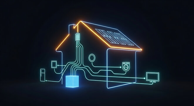Smart Home Energy Solar Panels, Power Grid and Modern Technology Diagram