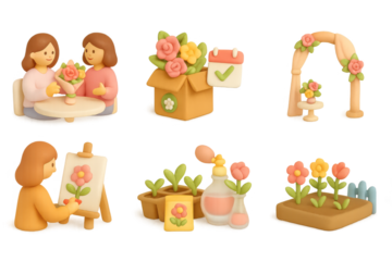 Whimsical clay art scenes with flowers and gardening elements