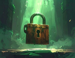 A large, weathered padlock floats in a lush, overgrown, dimly lit space