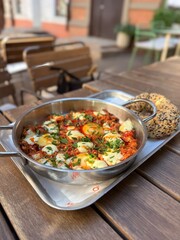 Shakshuka with eggs and bread served outdoors