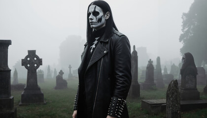 Full body portrait of man in his 30s with Scandinavian black metal style, pale corpse paint and long black leather coat, dark underground metal fashion reference