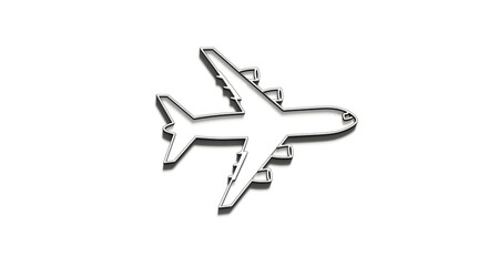 飛行機の3Dアウトラインアイコン：白背景のミニマルな航空機イラストと影