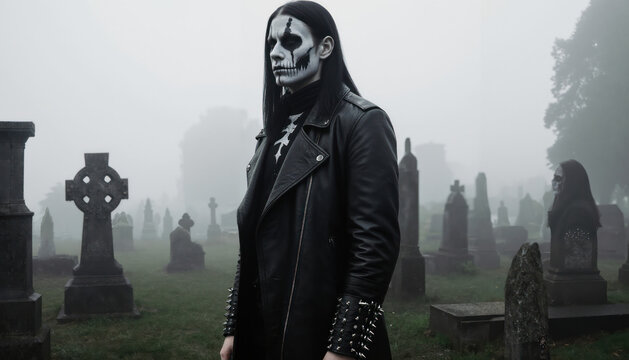 Fototapeta Full body portrait of man in his 30s with Scandinavian black metal style, pale corpse paint and long black leather coat, dark underground metal fashion reference