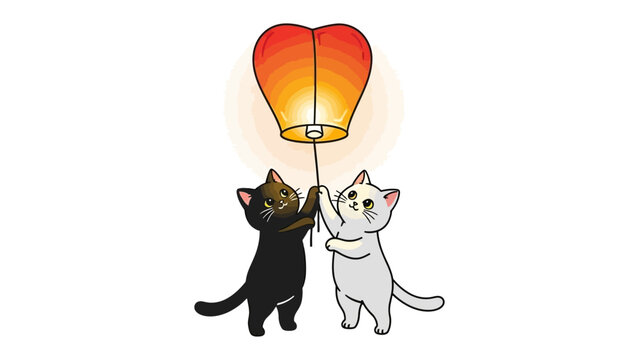 Lantern of Wishes: Two adorable cats release a vibrant sky lantern, symbolizing dreams, hope, and the power of unity. A heartwarming illustration of friendship.