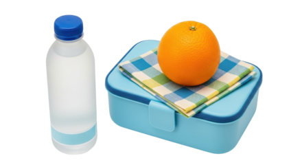 Isolated Lunch Box with Orange and Water Bottle ready for school on the go during fall season