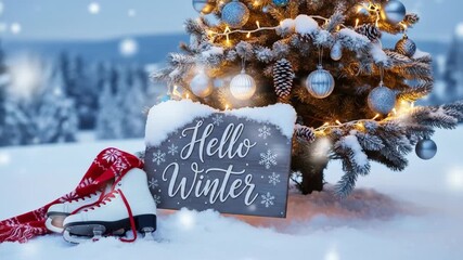 Ice skates and a red scarf next to a christmas tree with glowing lights and a 'Hello Winter' sign in a snowy forest, footage. - Powered by Adobe