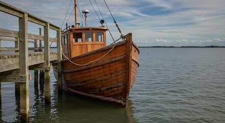 Obraz premium Wooden Fishing Boat Moored to a Weathered Pier on a Cloudy Day