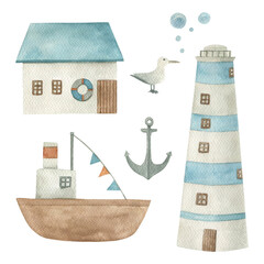 Watercolor set with ship, anchor, lighthouse. Hand drawn isolated  illustration on white background