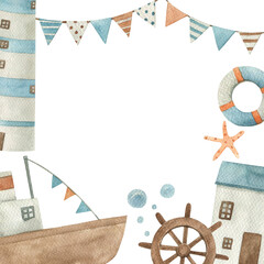 Boat, lighthouse, anchor, steering wheel for children,template. Watercolor square nautical frame. Hand drawn illustration on white background