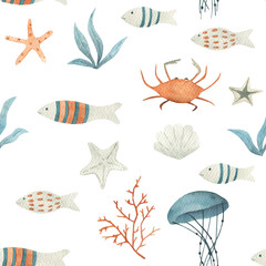 Watercolor seamless pattern with fish, crab, seaweed, jellyfish. Hand drawn illustration on white background