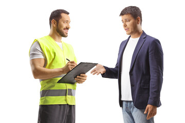 Man talking to a wokrer in a reflective vest standing and writing a document