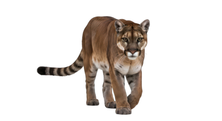 Majestic cougar prowls forward, brown fur against black