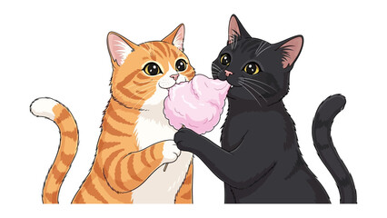 A Playful Treat: Two adorable cats, a ginger tabby and a sleek black feline, share a whimsical moment as they playfully nibble on a sweet, fluffy treat.