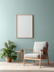 Cozy Corner of Serenity: An inviting living space, adorned with a blank canvas ready for your art, features a mid-century modern armchair beside a potted plant.