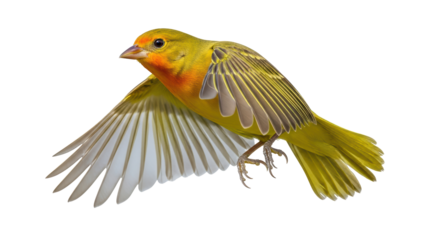 Isolated male canary in flight, bright plumage, exotic bird, colorful feathers, wildlife