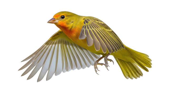 Isolated male canary in flight, bright plumage, exotic bird, colorful feathers, wildlife