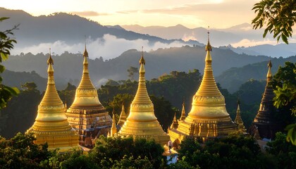 Golden pagodas atop a misty mountain range