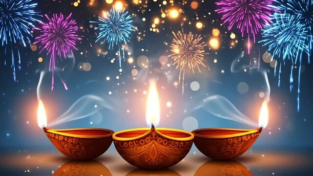 Happy Diwali celebration with bright lit diyas and sparkling fireworks in the night sky symbolizing the festival of lights and victory of good over evil