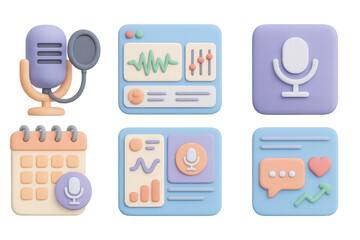 Colorful 3d podcast icons featuring microphone, sound waves, and analytics