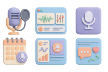 Colorful 3d podcast icons featuring microphone, sound waves, and analytics