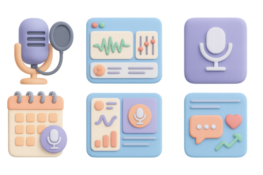 Colorful 3d podcast icons featuring microphone, sound waves, and analytics