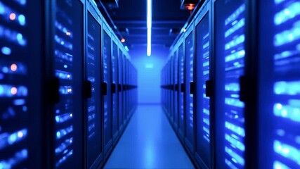 A modern data center with rows of servers illuminated by blue lights, showcasing advanced technology - Powered by Adobe