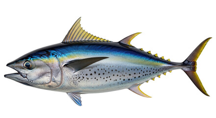 Isolated yellowfin tuna, vibrant coloration, sharp fins, pelagic predator, sea creature, animal
