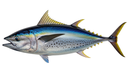 Isolated yellowfin tuna, vibrant coloration, sharp fins, pelagic predator, sea creature, animal