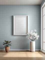 Serene Interior: A modern interior, featuring a minimalist wooden floor, a vibrant flower vase, a plant and a blank picture frame with a window beside it.