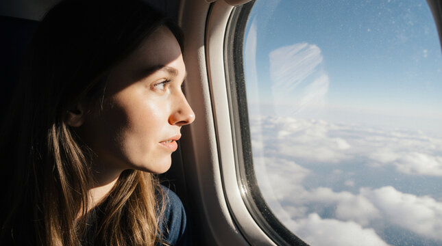 A close-up of a young Caucasian woman looking out the window of an airplane, soft daylight highlighting her excited expression as clouds drift by outside.