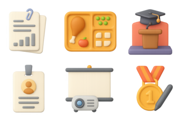 3d school icons set: graduation, presentation, id, medal, lunch, report