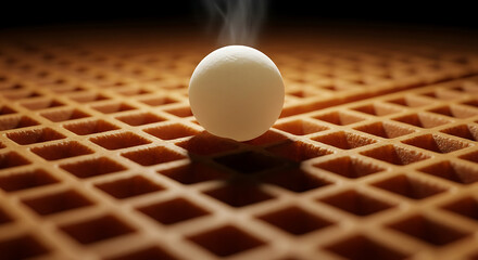 A single hot egg levitating above a grid of freshly baked waffles with steam rising
